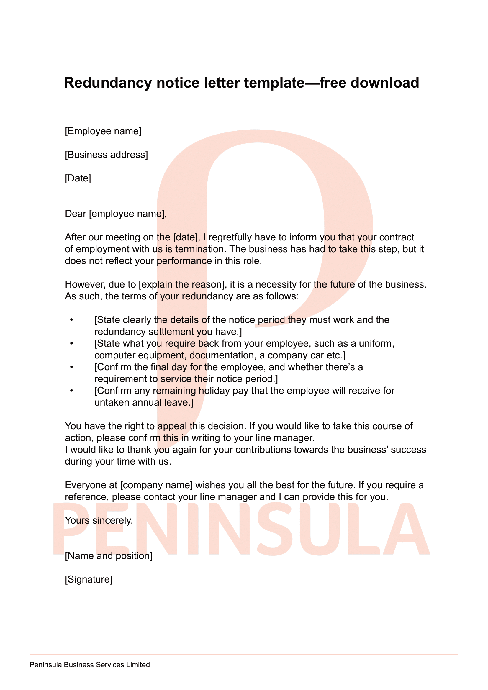 Redundancy Letter Template  Peninsula UK With Regard To Retrenchment Letter Template