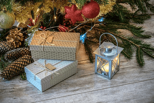 Gifts under Christmas tree.