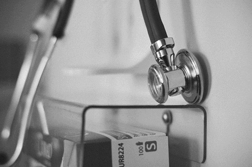 A stethoscope in black and white.